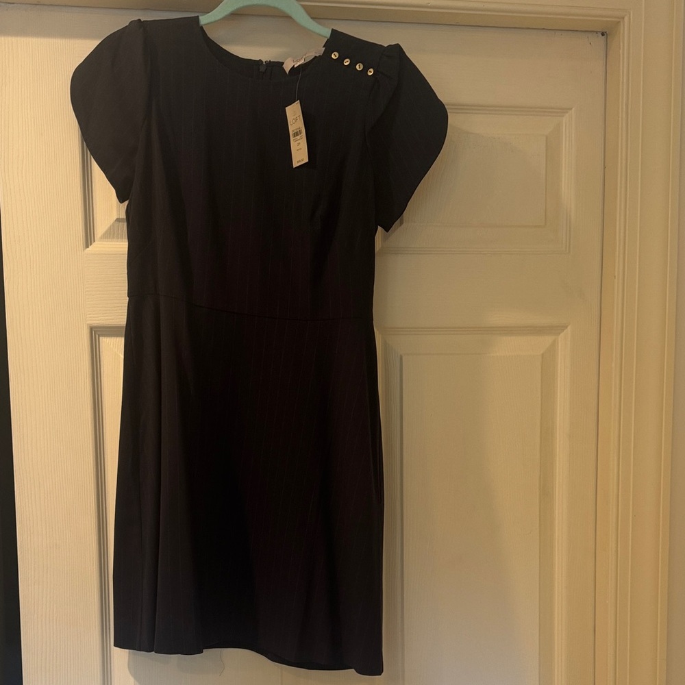 LOFT navy blue pinstripe dress with flutter sleeves. NWT.